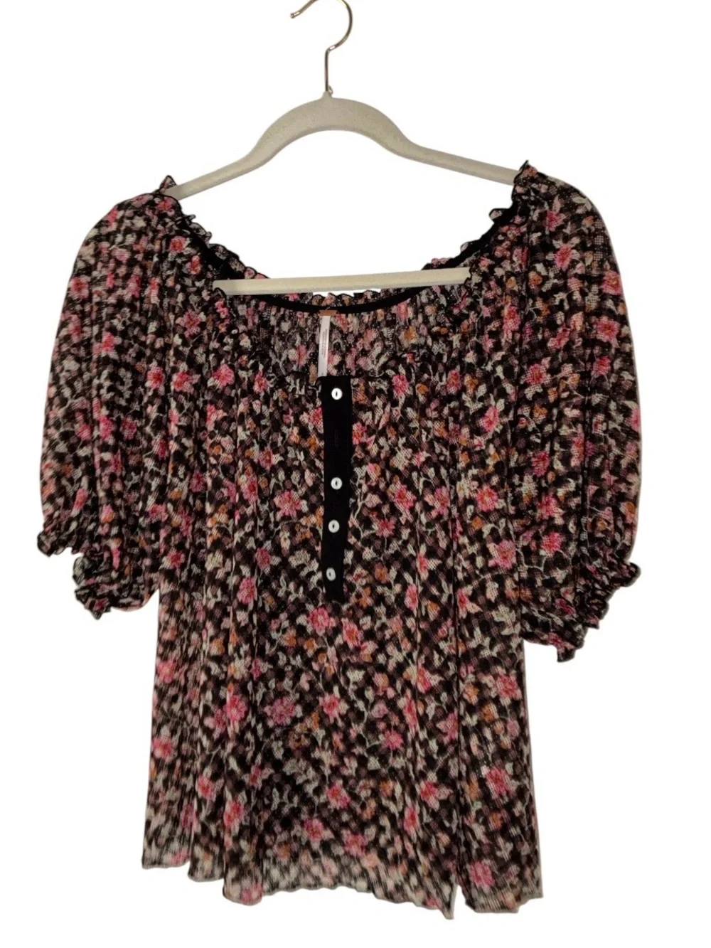 Free People Astra Peasant Top Black Pink Floral Puff Sleeve Sz S